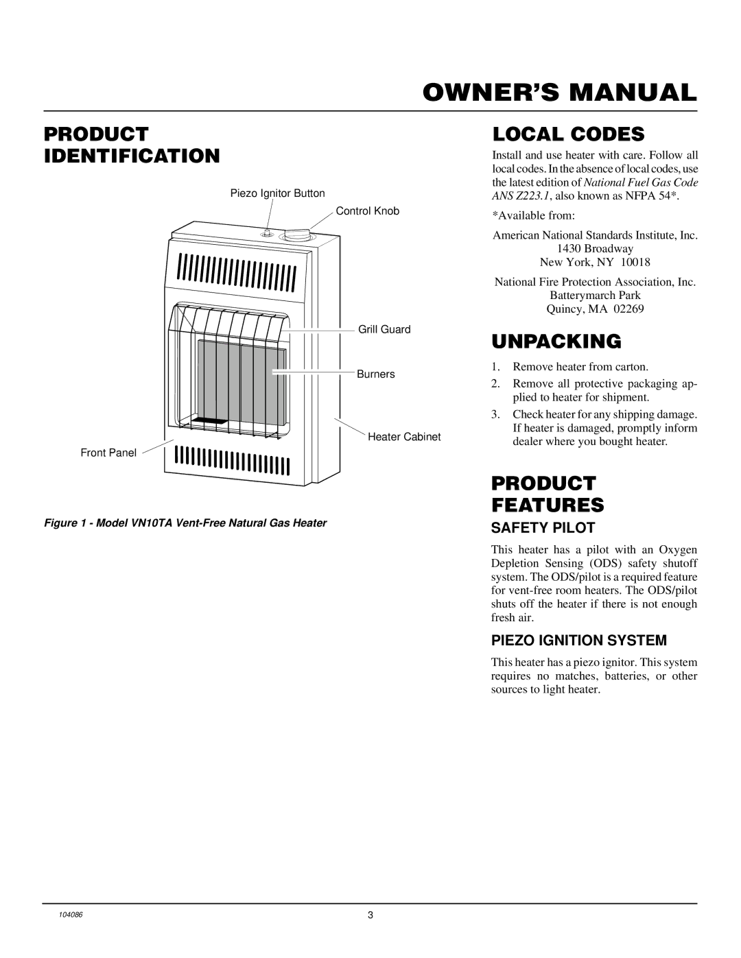 Desa VN10TA installation manual Product Identification, Local Codes, Unpacking, Product Features 