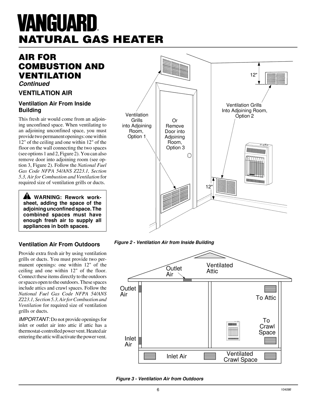 Desa VN10TA installation manual Ventilation AIR, Ventilation Air From Inside Building, Ventilation Air From Outdoors 