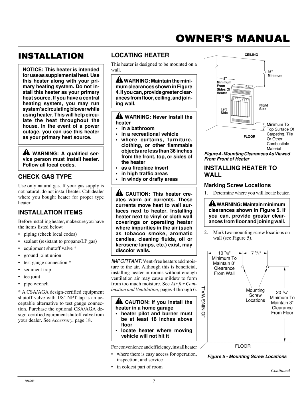 Desa VN10TA installation manual Locating Heater, Check GAS Type, Installation Items, Installing Heater to Wall 