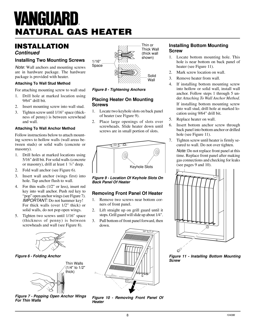 Desa VN10TA Installing Two Mounting Screws, Placing Heater On Mounting Screws, Removing Front Panel Of Heater 