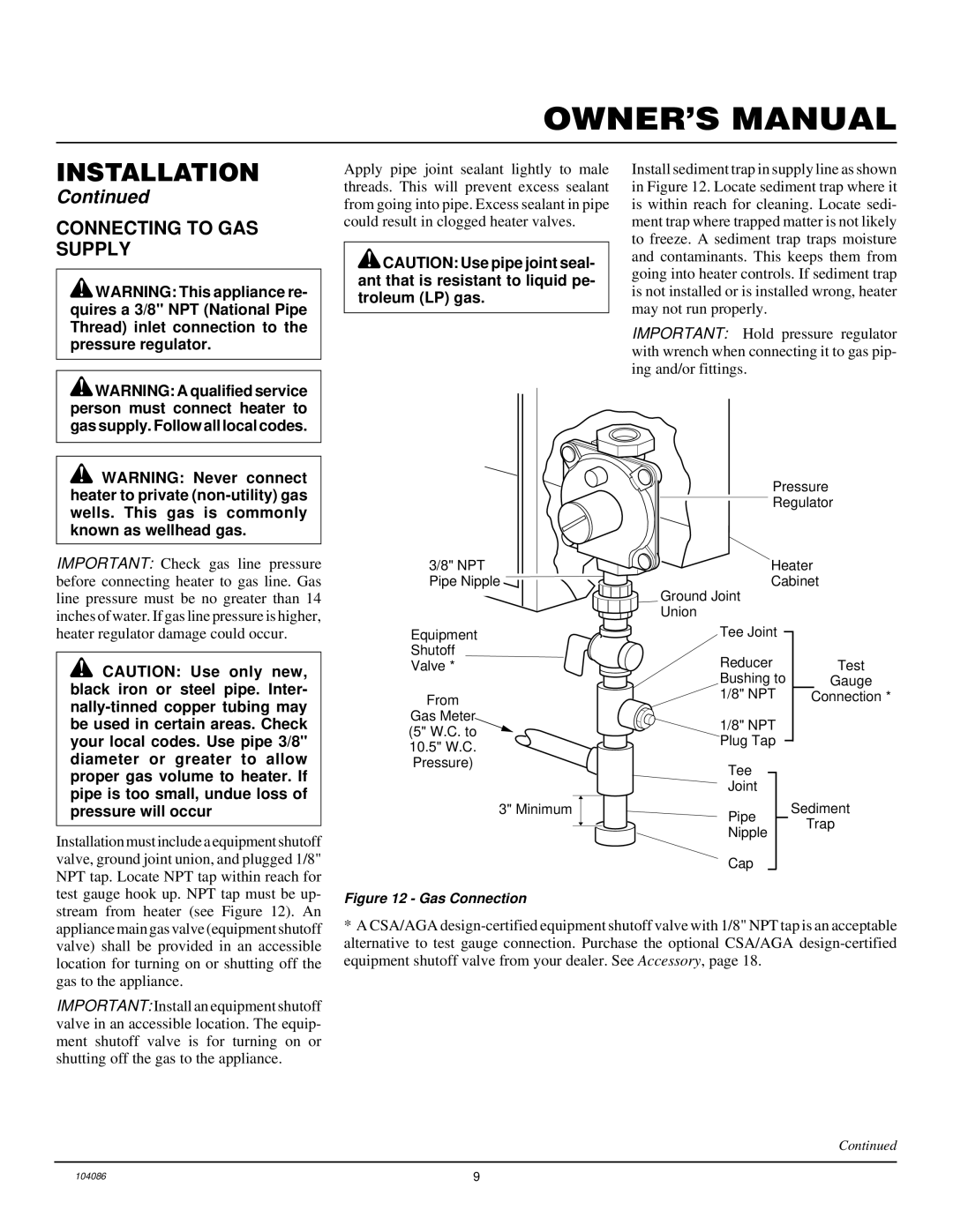 Desa VN10TA installation manual Connecting to GAS Supply, Gas Connection 