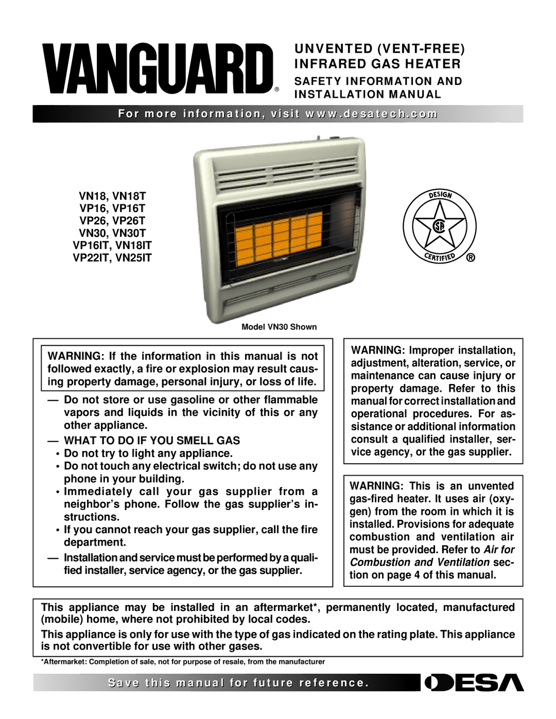 Desa VN30T, VP16T, VP26T installation manual Safety Information and Installation Manual, VP16IT, VN18IT VP22IT, VN25IT 