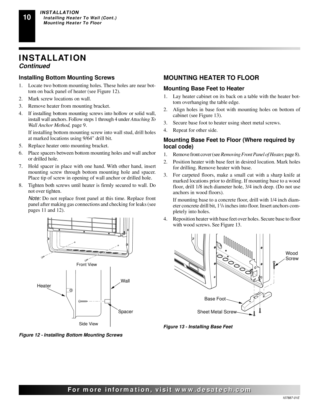 Desa VN18T, VP26, VN30T, VP16 Mounting Heater to Floor, Installing Bottom Mounting Screws, Mounting Base Feet to Heater 