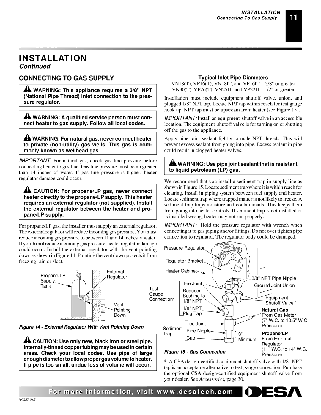 Desa VN18IT, VN30T, VP22IT, VP16IT, VP16T, VN25IT, VP26T, VN18T Connecting to GAS Supply, Typical Inlet Pipe Diameters 