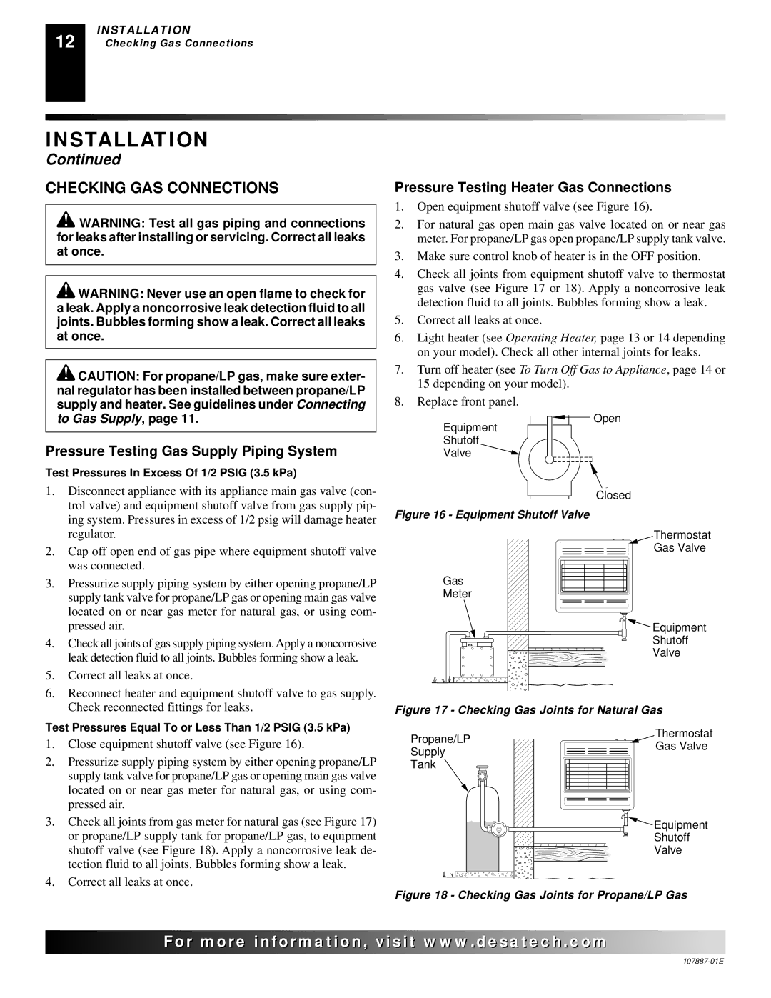 Desa VN18 Checking GAS Connections, Pressure Testing Gas Supply Piping System, Pressure Testing Heater Gas Connections 