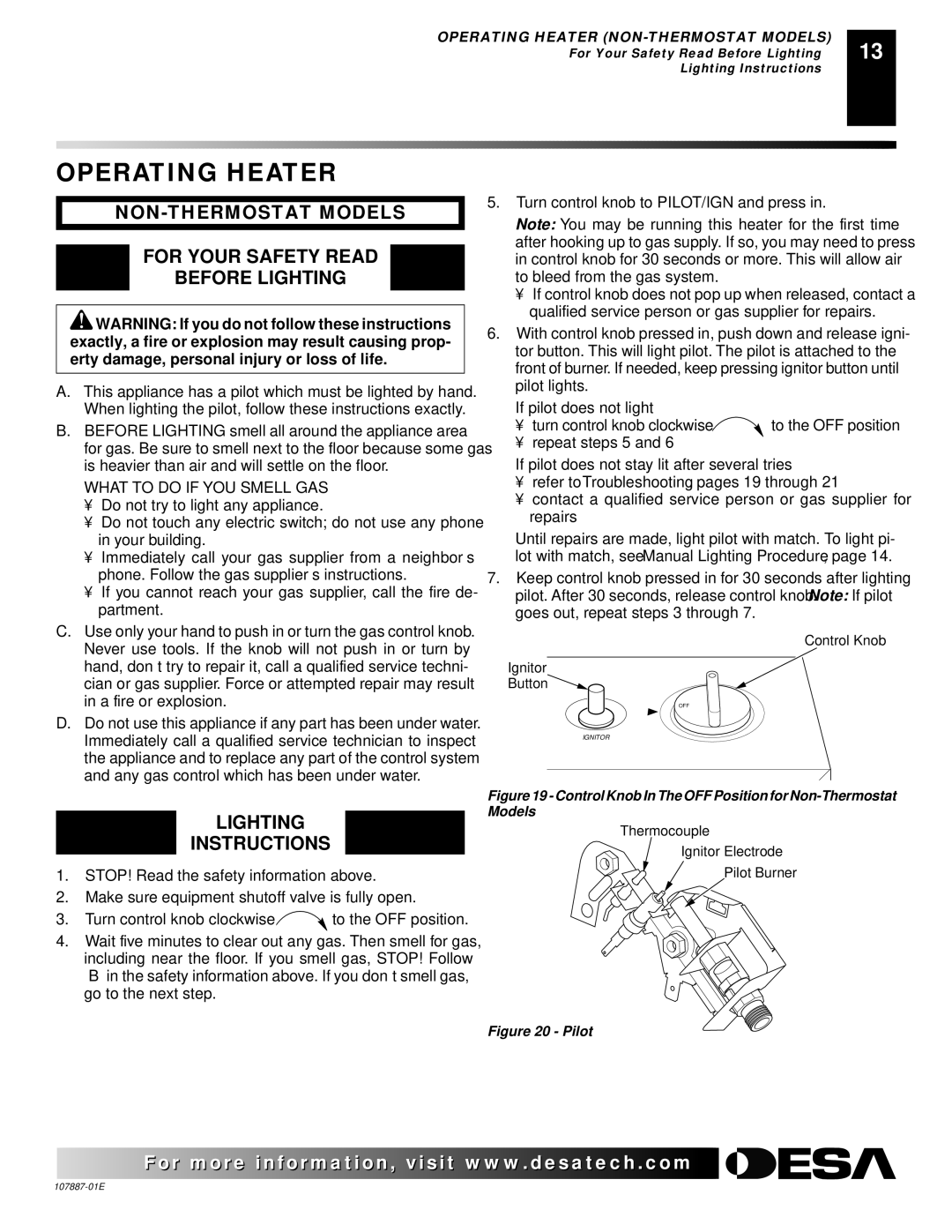 Desa VP26, VN18, VN30T Operating Heater, NON-THERMOSTAT Models For Your Safety Read Before Lighting, Lighting Instructions 