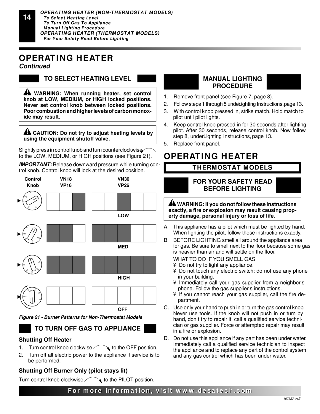 Desa VN30T, VN18, VP26, VP22IT, VP16IT To Select Heating Level, To Turn OFF GAS to Appliance, Manual Lighting Procedure 