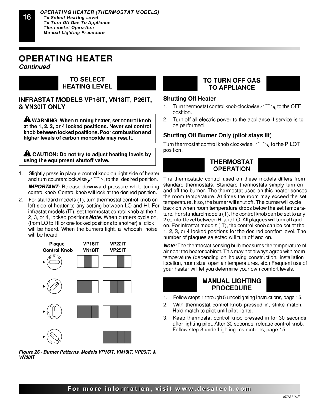 Desa VP22IT, VN30T, VP16T, VN25IT, VP26T, VN18T Thermostat Operation, Burner Patterns, Models VP16IT, VN18IT, VP26IT, & VN30IT 