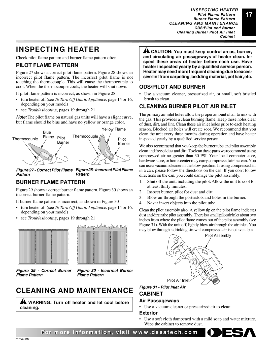 Desa VP16IT, VN30T, VP22IT, VP16T, VN25IT, VP26T, VN18T, VN18IT Inspecting Heater, Cleaning and Maintenance 