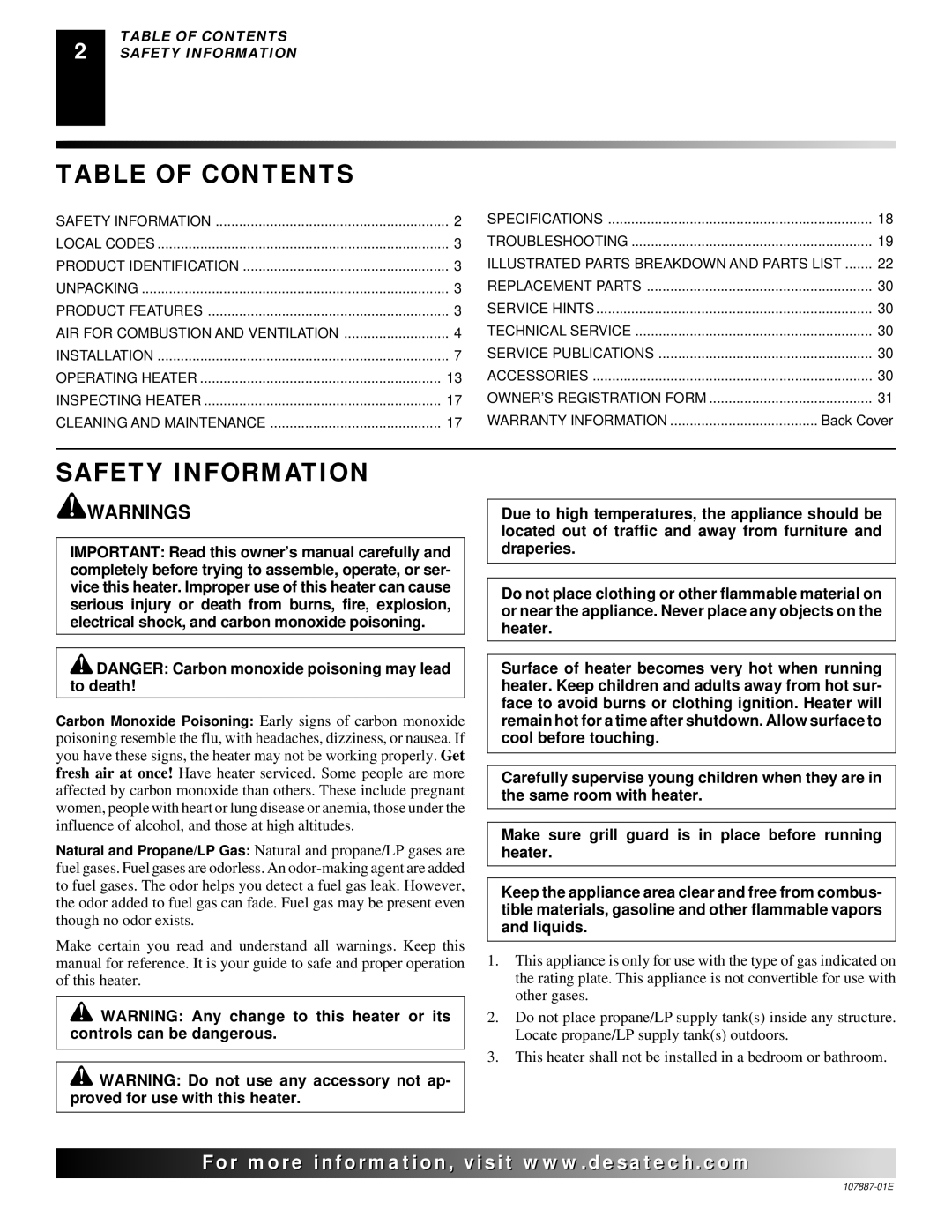 Desa VN30T, VP22IT, VP16IT, VP16T, VN25IT, VP26T, VN18T, VN18IT installation manual Table of Contents, Safety Information 