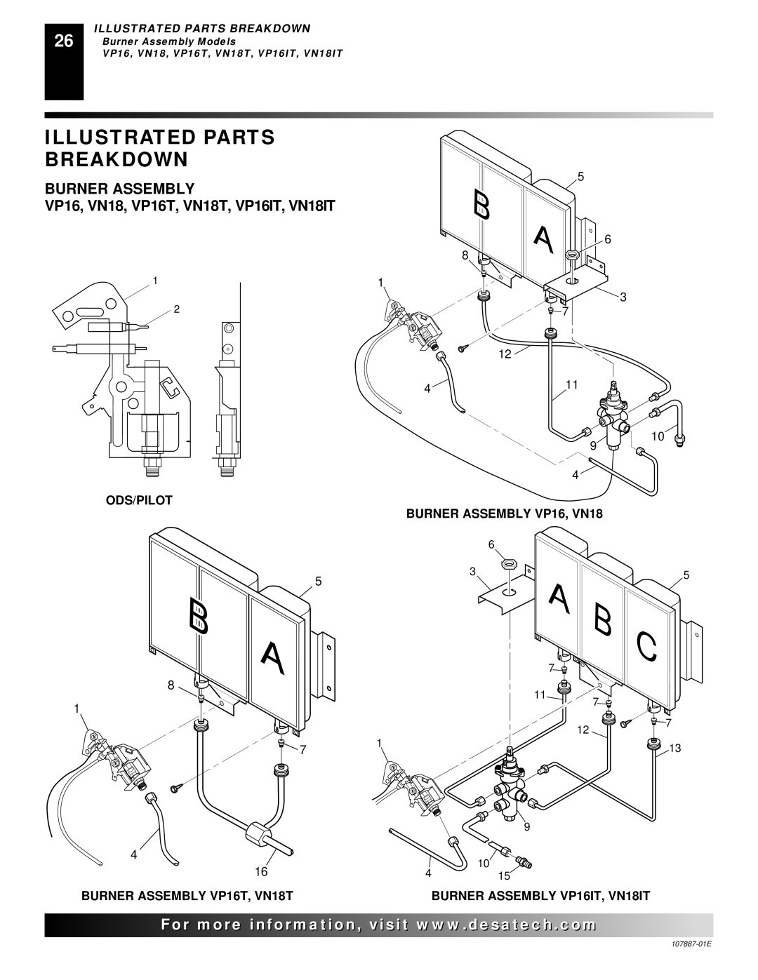 Desa VN30T, VP22IT, VN25IT, VP26T installation manual Burner Assembly, VP16, VN18, VP16T, VN18T, VP16IT, VN18IT 