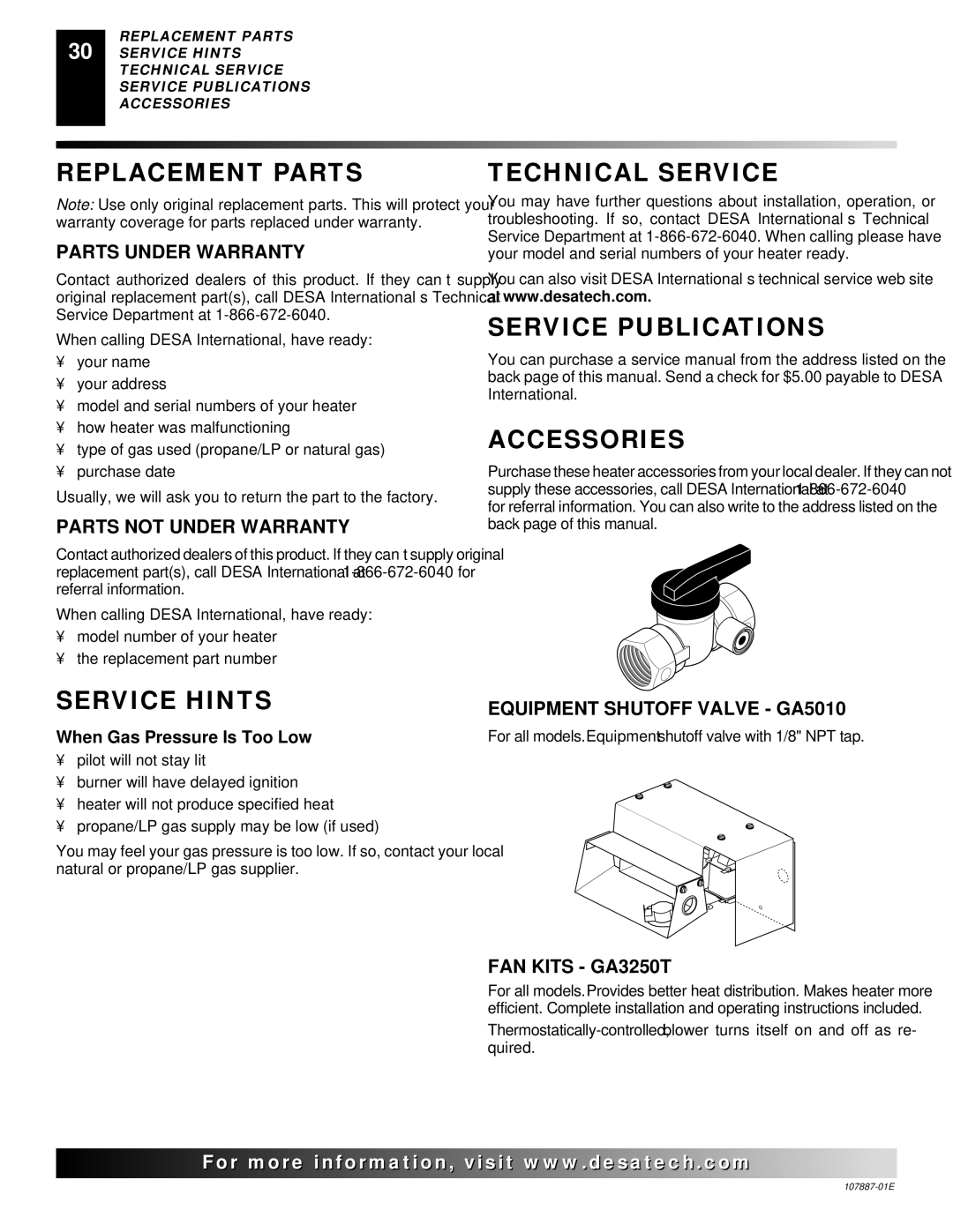 Desa VP16T, VN18, VP26, VN30T, VP22IT Replacement Parts, Service Hints, Technical Service, Service Publications Accessories 