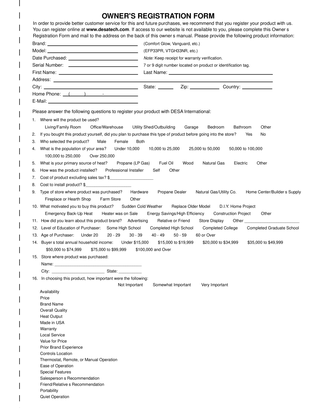 Desa VN25IT, VN30T, VP22IT, VP16IT, VP16T, VP26T, VN18T, VN18IT installation manual Owners Registration Form 