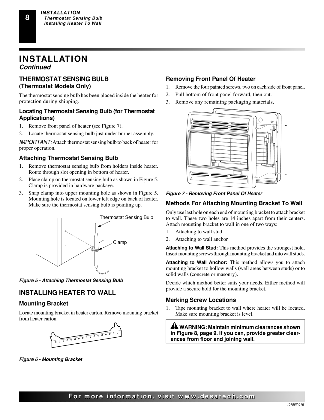 Desa VP26T, VN30T, VP22IT, VP16IT, VP16T, VN25IT, VN18T, VN18IT Thermostat Sensing Bulb, Installing Heater to Wall 