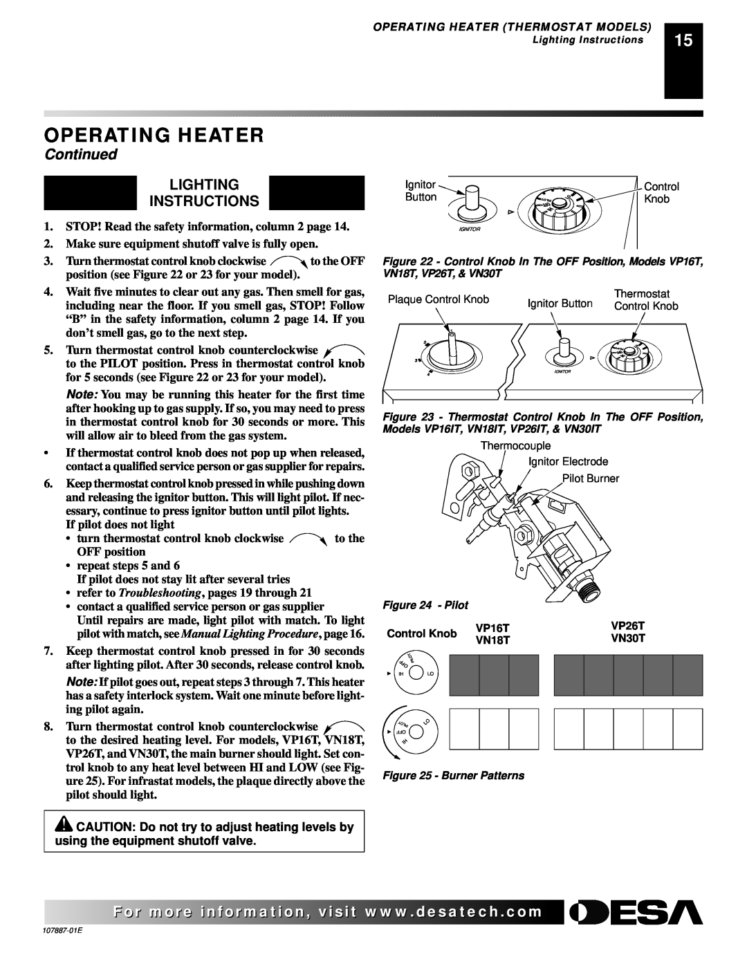 Desa VP16, VN18, VP26 Operating Heater, Continued, Lighting Instructions, STOP! Read the safety information, column 2 page 