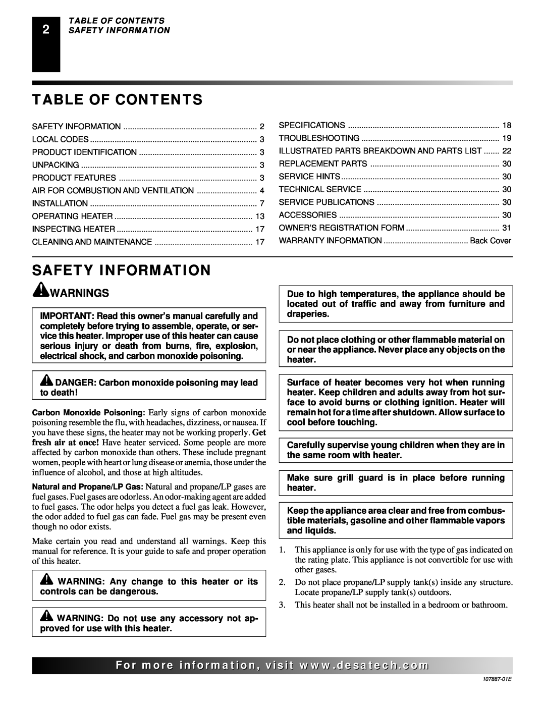 Desa VN30T, VP22IT, VP16IT, VP16T, VN25IT, VP26T, VN18T, VN18IT Table Of Contents, Safety Information, Warnings 