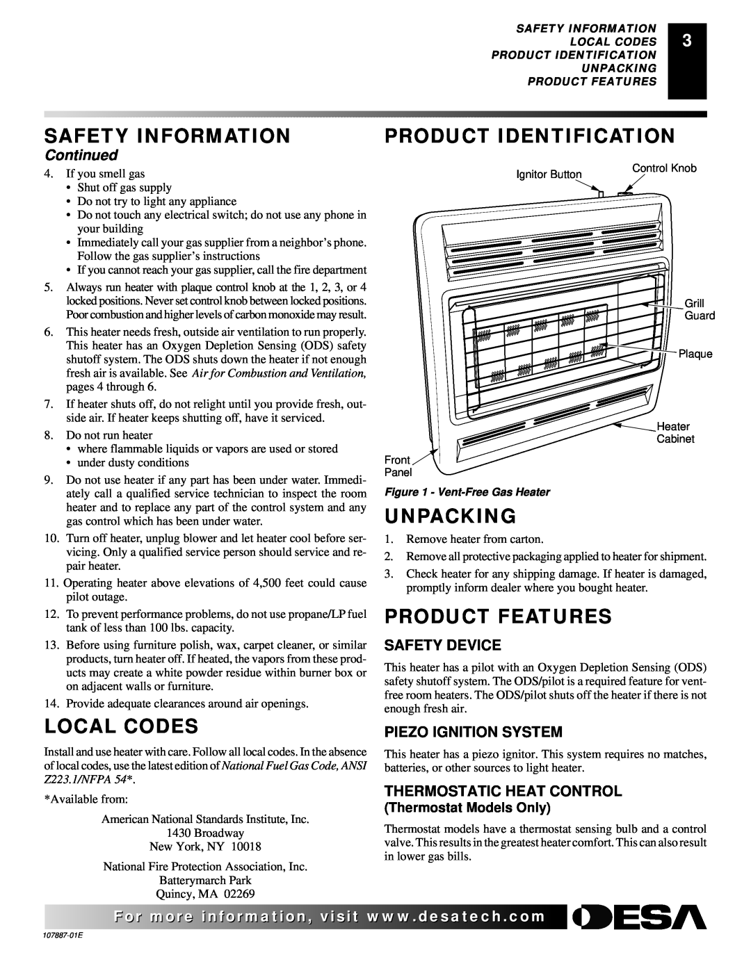 Desa VP16 Product Identification, Unpacking, Product Features, Local Codes, Continued, Safety Device, Safety Information 