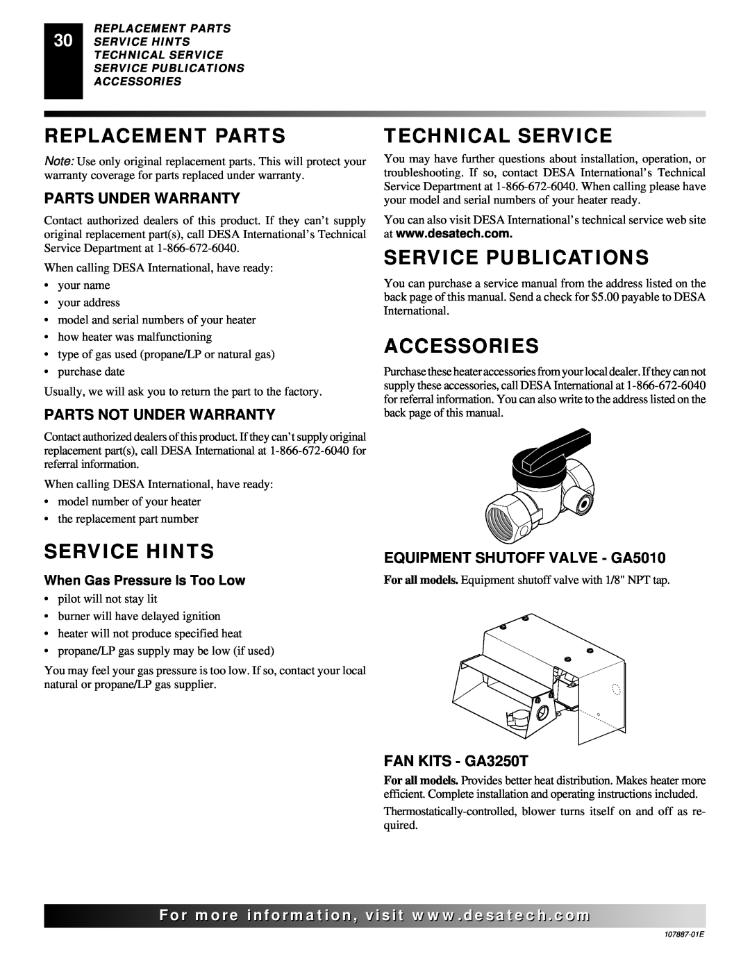 Desa VP16T Replacement Parts, Service Hints, Technical Service, Service Publications, Accessories, Parts Under Warranty 