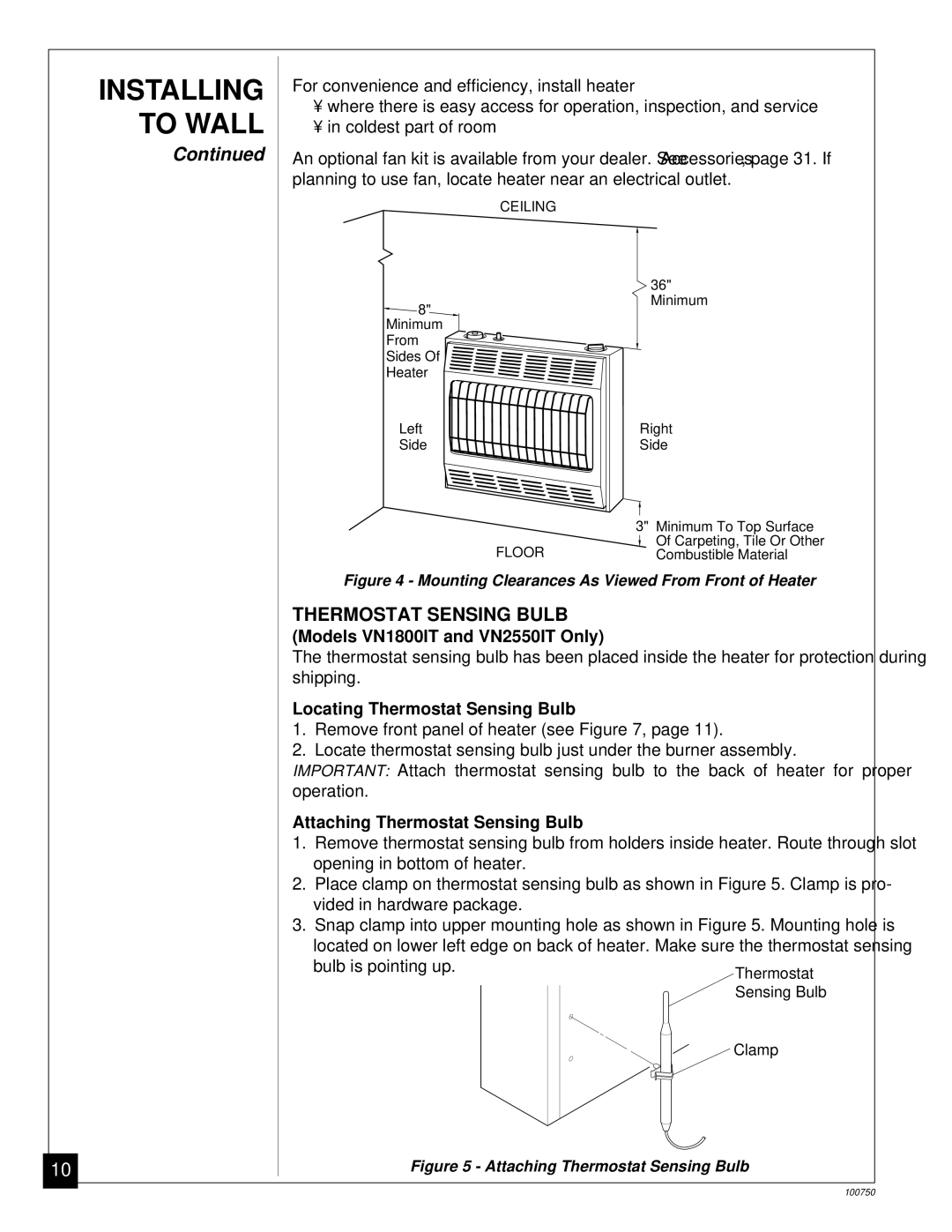 Desa Models VN1800IT and VN2550IT Only, Locating Thermostat Sensing Bulb, Attaching Thermostat Sensing Bulb 