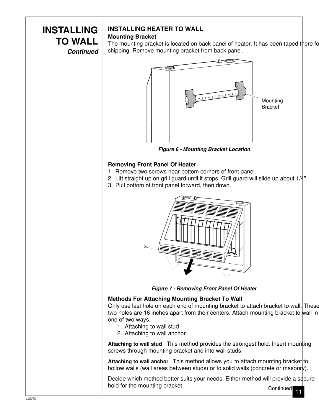 Desa VN3000C, VN1800IT, VN1800C, VN2550IT Installing Heater to Wall, Mounting Bracket, Removing Front Panel Of Heater 