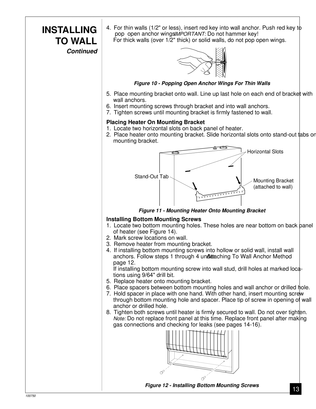 Desa VN1800C, VN1800IT, VN2550IT, VN3000C Placing Heater On Mounting Bracket, Installing Bottom Mounting Screws 