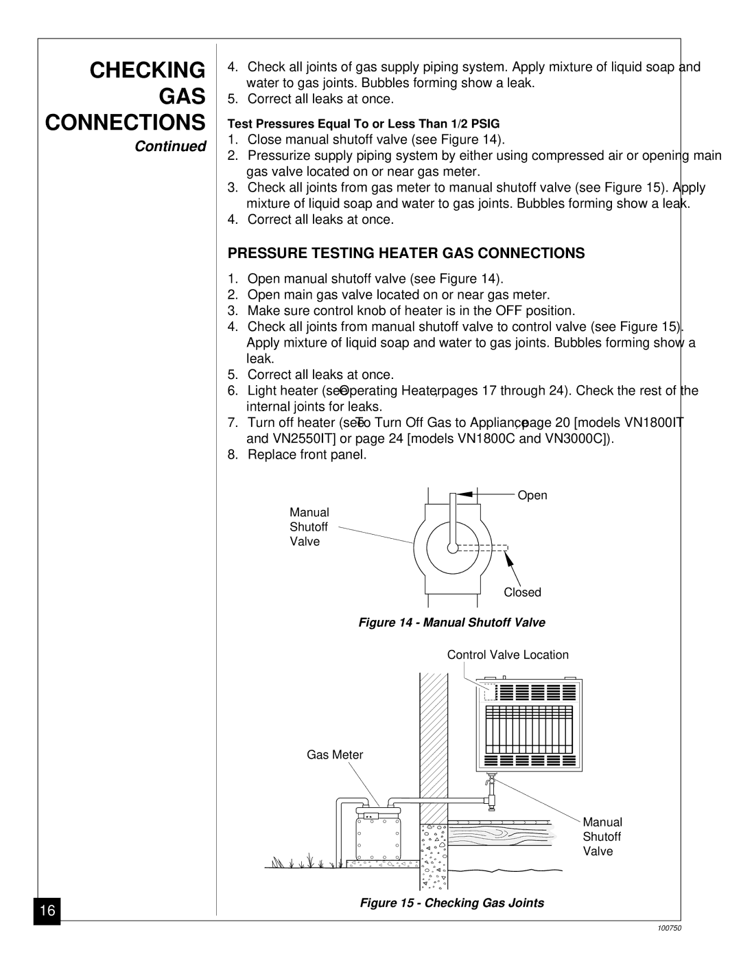 Desa VN1800IT, VN1800C, VN2550IT, VN3000C Checking GAS Connections, Pressure Testing Heater GAS Connections 