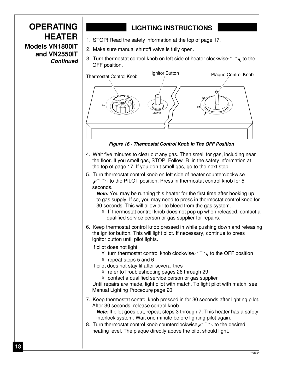 Desa VN2550IT, VN1800IT, VN1800C, VN3000C installation manual Operating Heater, Lighting Instructions 