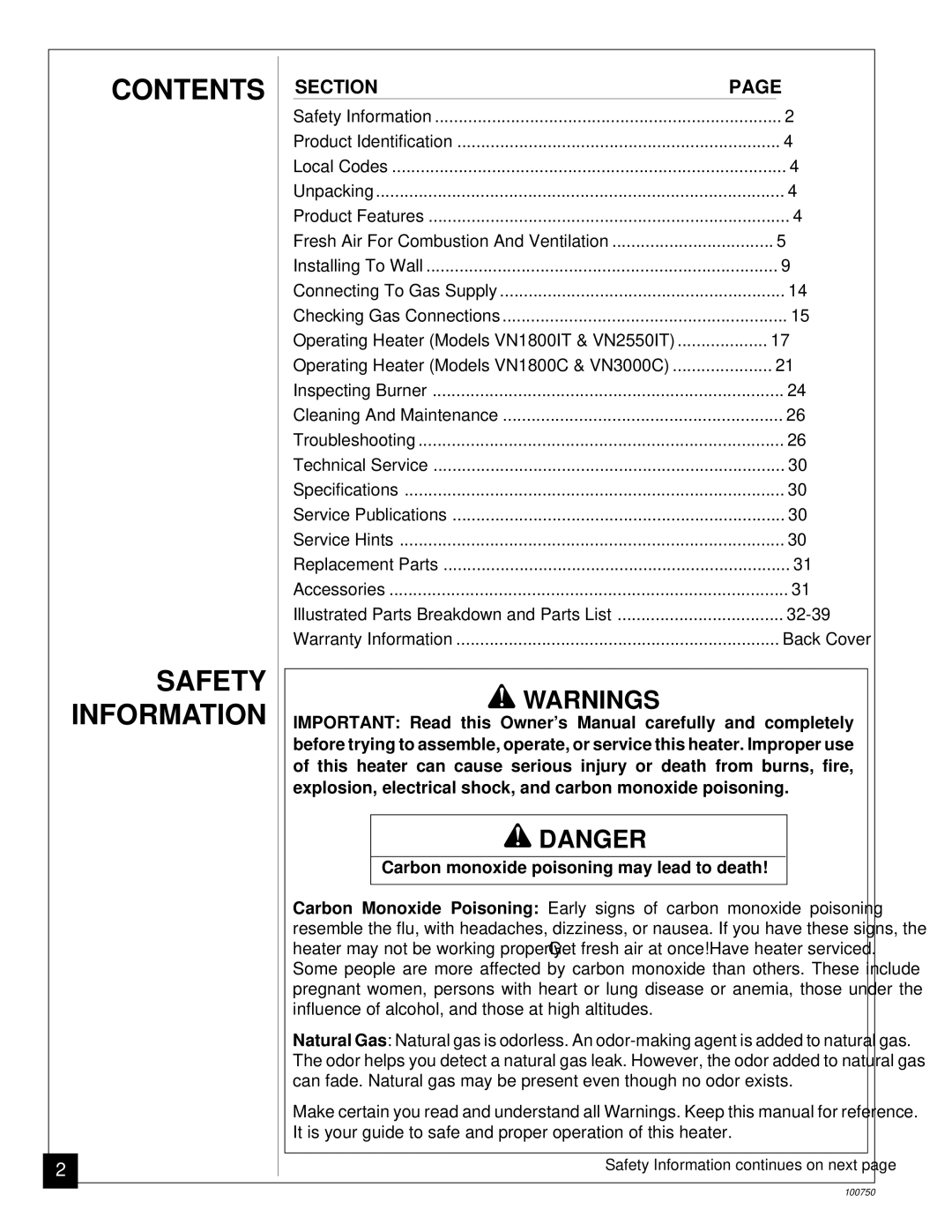 Desa VN2550IT, VN1800IT, VN1800C, VN3000C installation manual Contents Safety Information 