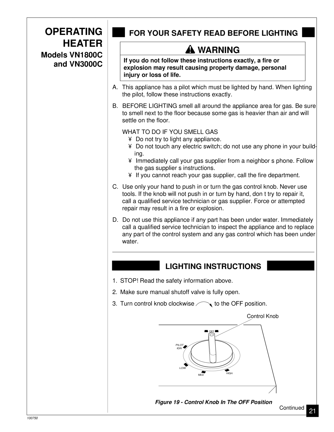 Desa VN1800C, VN1800IT, VN2550IT, VN3000C Operating, If you do not follow these instructions exactly, a fire or 