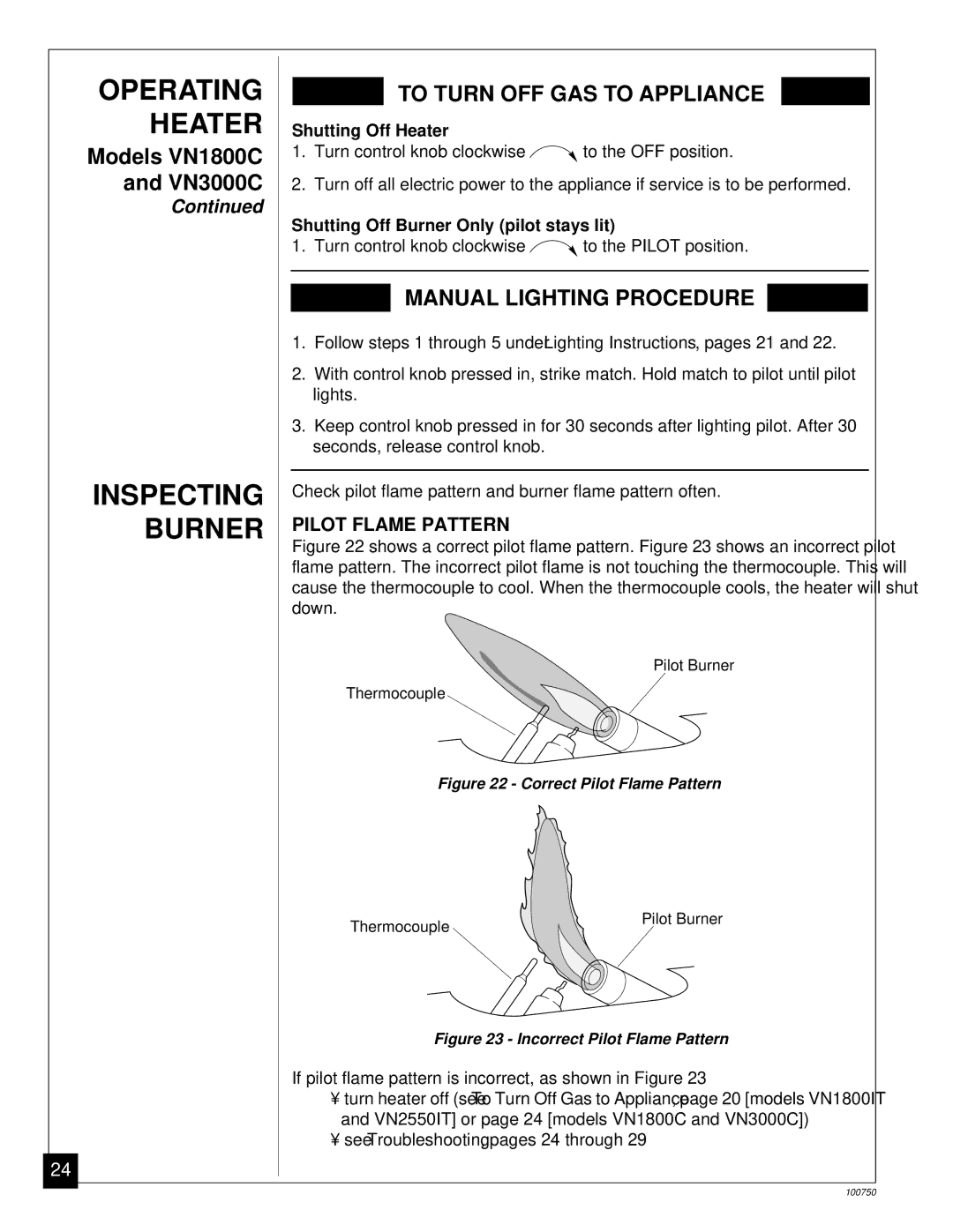 Desa VN1800IT, VN1800C, VN2550IT, VN3000C installation manual Inspecting Burner, Pilot Flame Pattern 