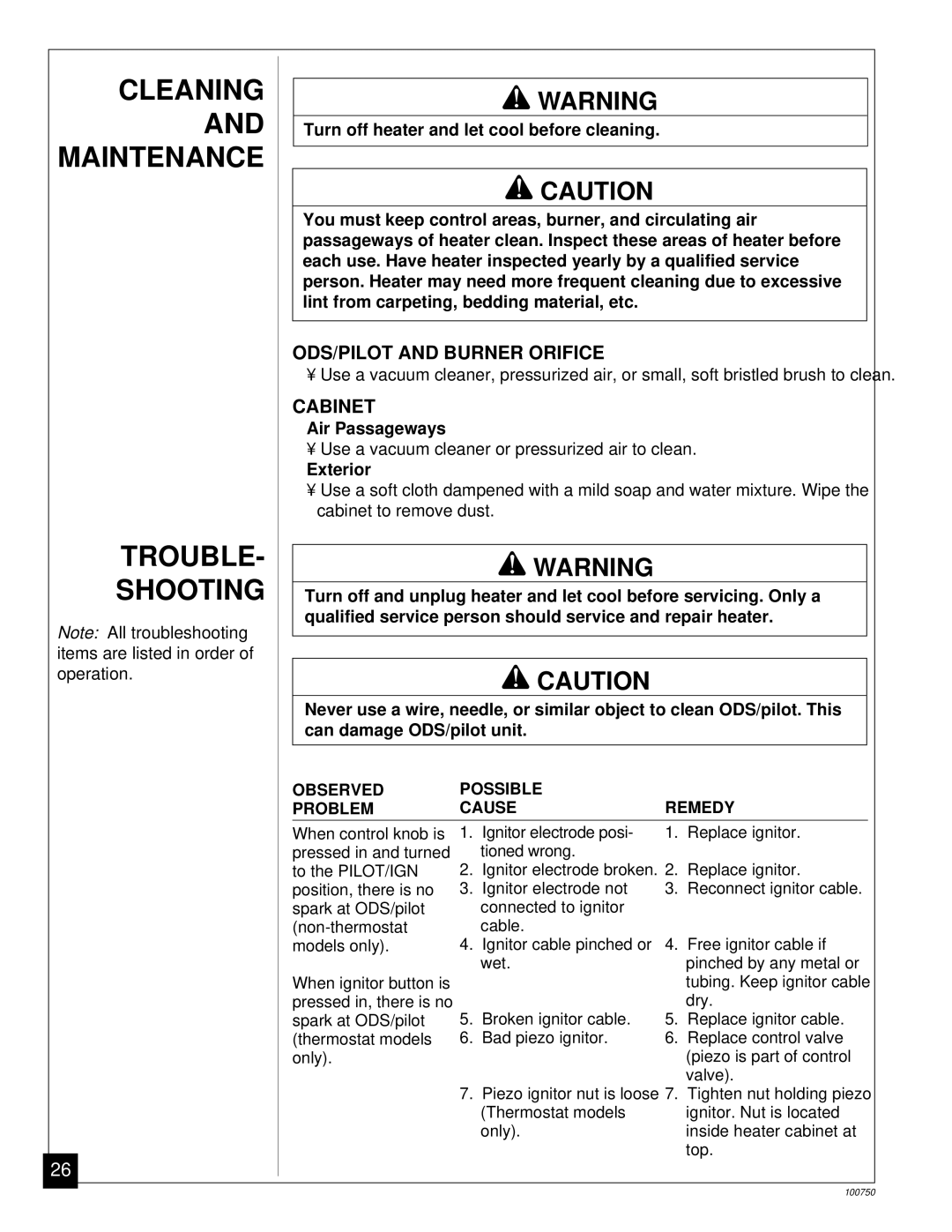 Desa VN2550IT Cleaning and Maintenance Trouble Shooting, ODS/PILOT and Burner Orifice, Cabinet, Air Passageways, Exterior 