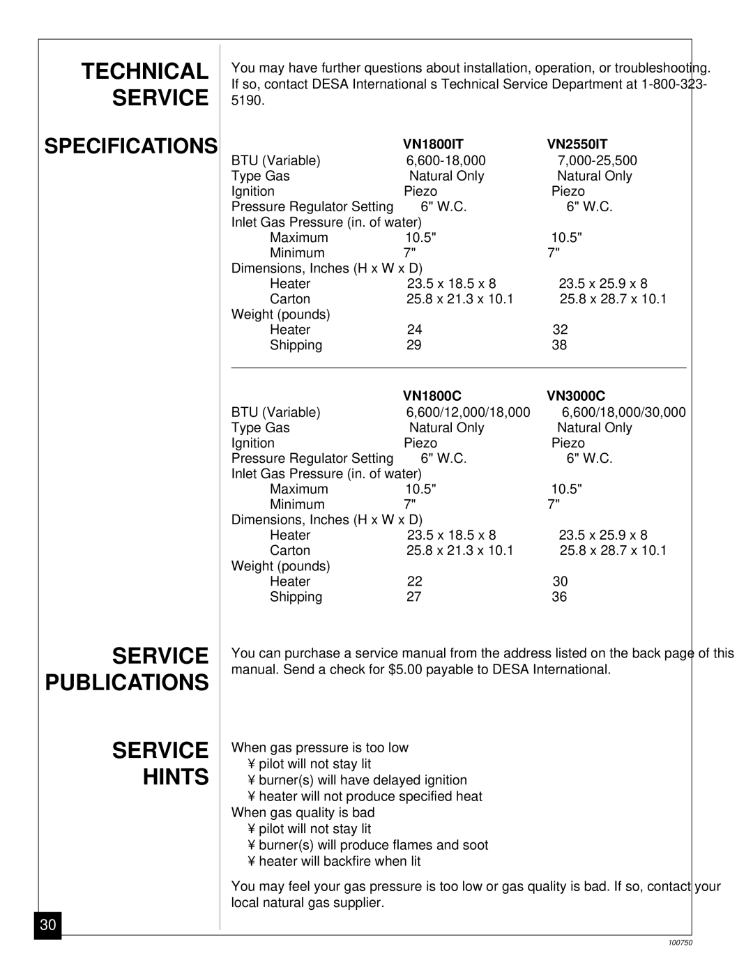 Desa installation manual Technical Service, Service Publications Hints, VN1800IT VN2550IT, VN1800C VN3000C 