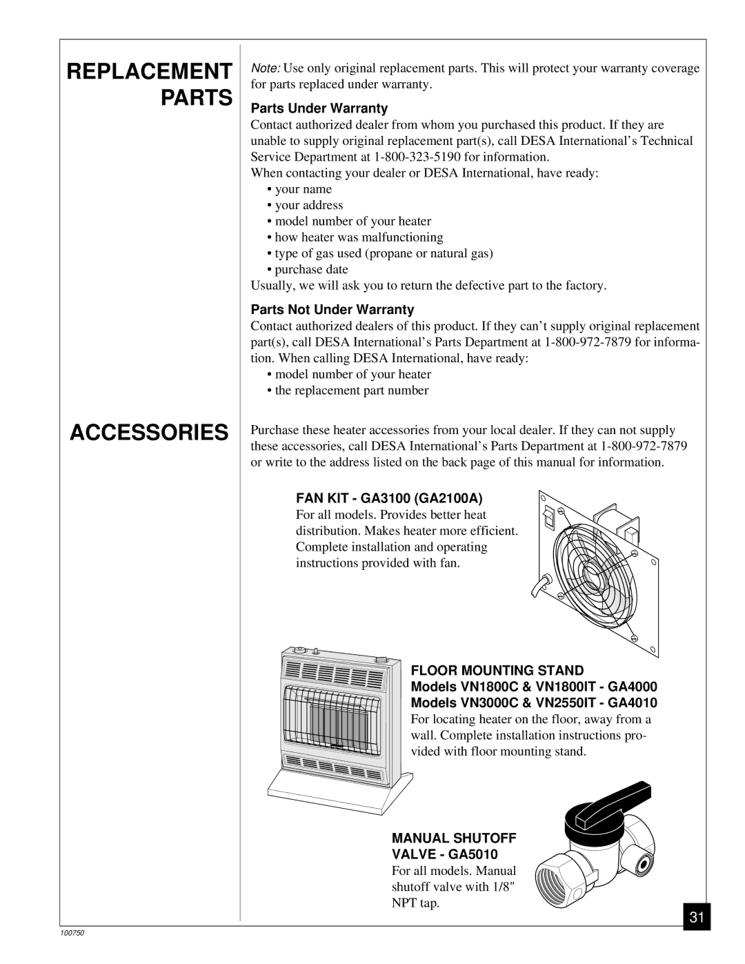 Desa VN3000C, VN1800IT, VN1800C, VN2550IT installation manual Replacement Parts, Accessories 