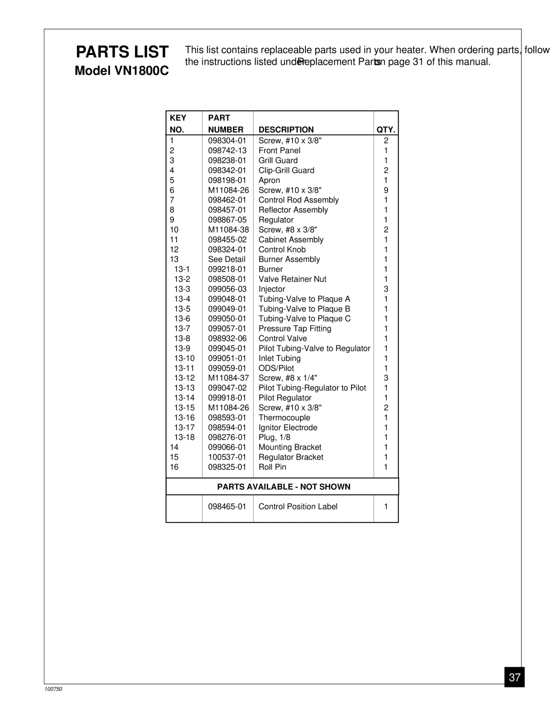 Desa VN1800C, VN1800IT, VN2550IT, VN3000C installation manual Parts List 