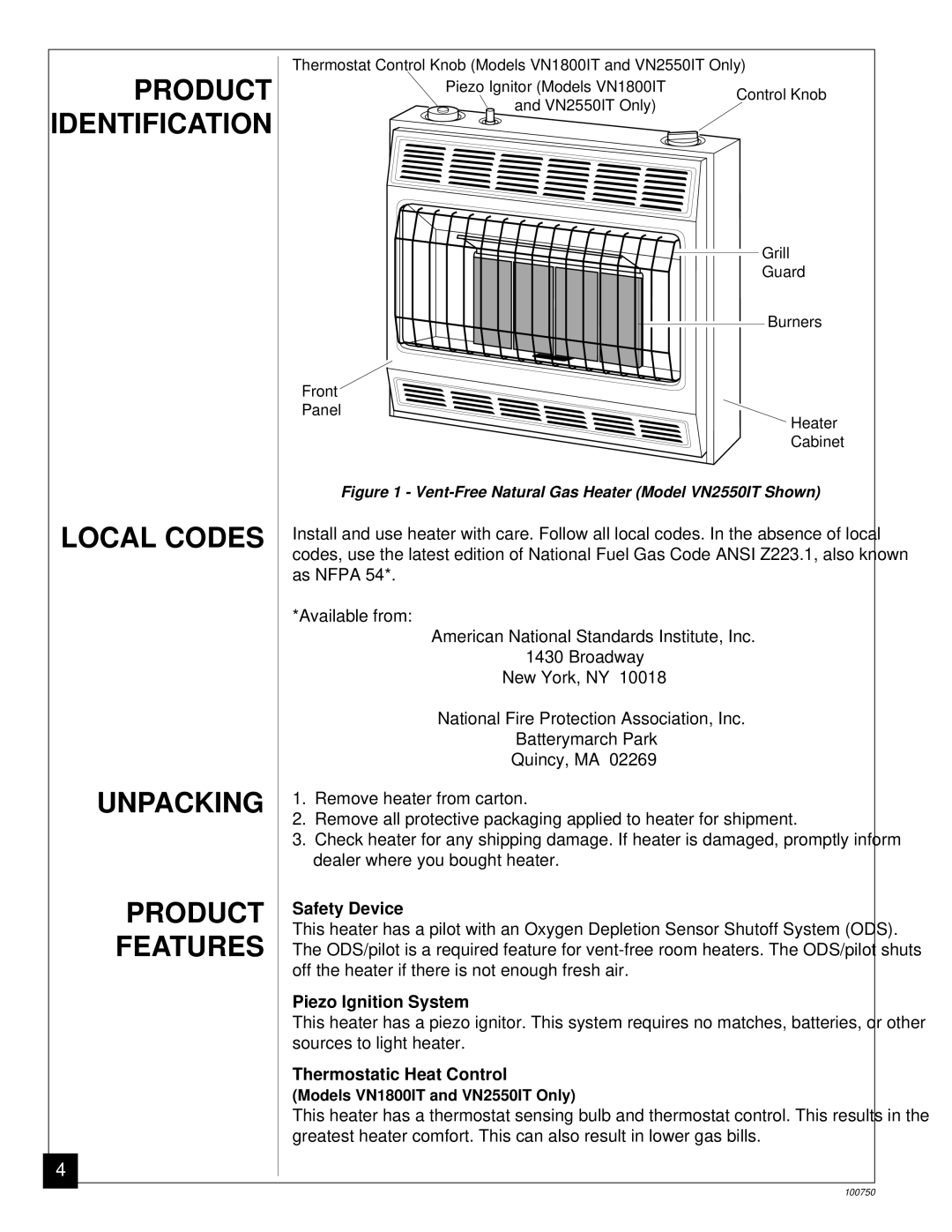 Desa VN1800IT Local Codes Unpacking Product Features, Safety Device, Piezo Ignition System, Thermostatic Heat Control 