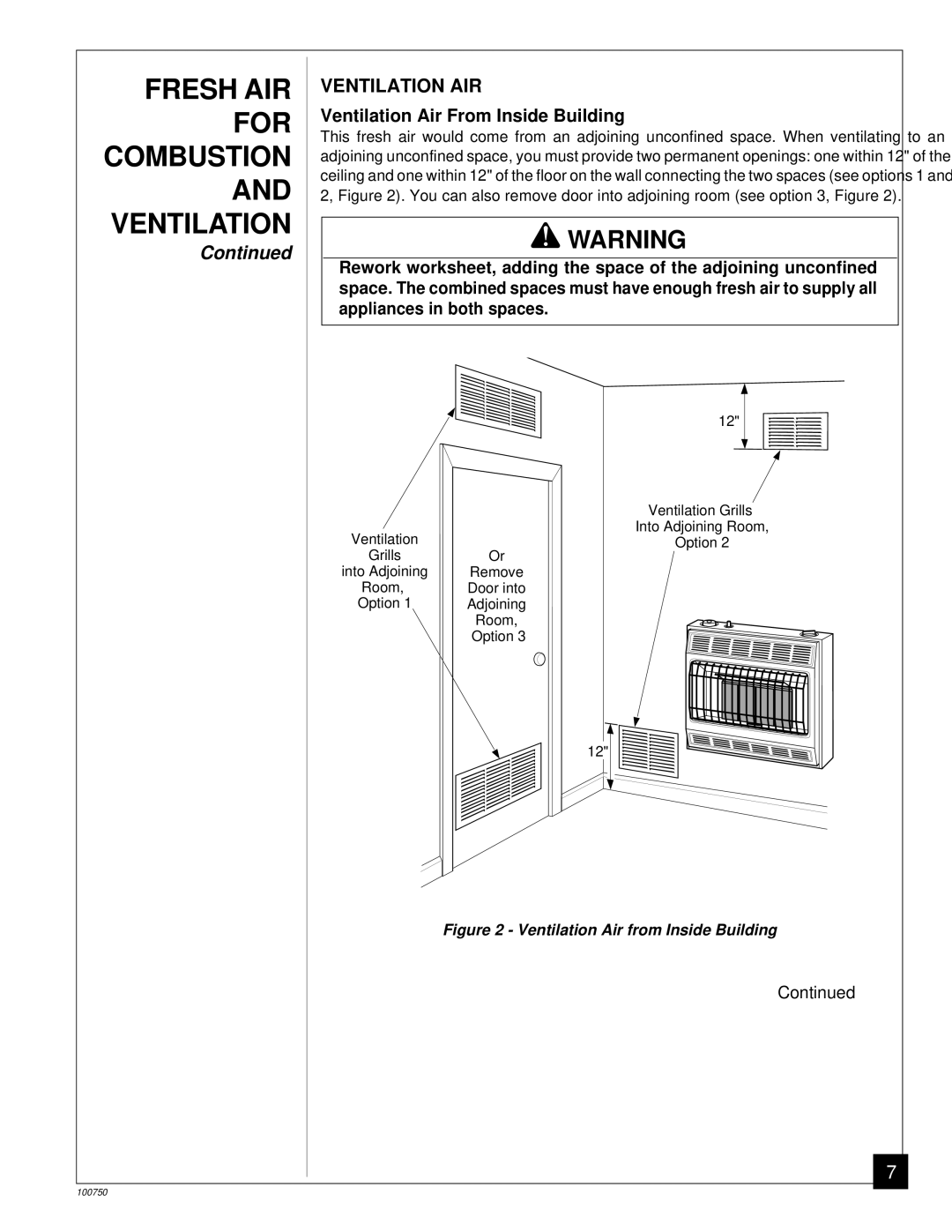 Desa VN3000C, VN1800IT, VN1800C, VN2550IT installation manual Ventilation AIR, Ventilation Air From Inside Building 