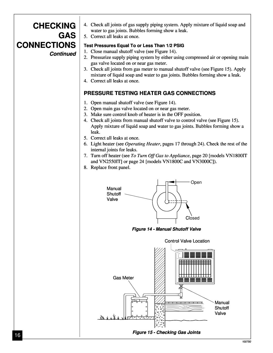 Desa VN1800IT, VN1800C, VN2550IT, VN3000C Checking Gas Connections, Continued, Pressure Testing Heater Gas Connections 