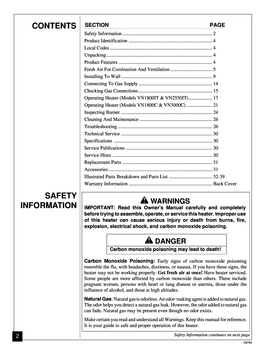 Desa VN2550IT, VN1800IT, VN1800C, VN3000C installation manual Contents Safety Information, Warnings, Danger 