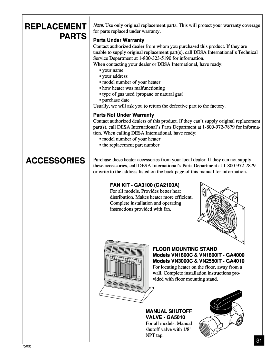 Desa VN3000C Replacement, Accessories, Parts Under Warranty, Parts Not Under Warranty, FAN KIT - GA3100 GA2100A 