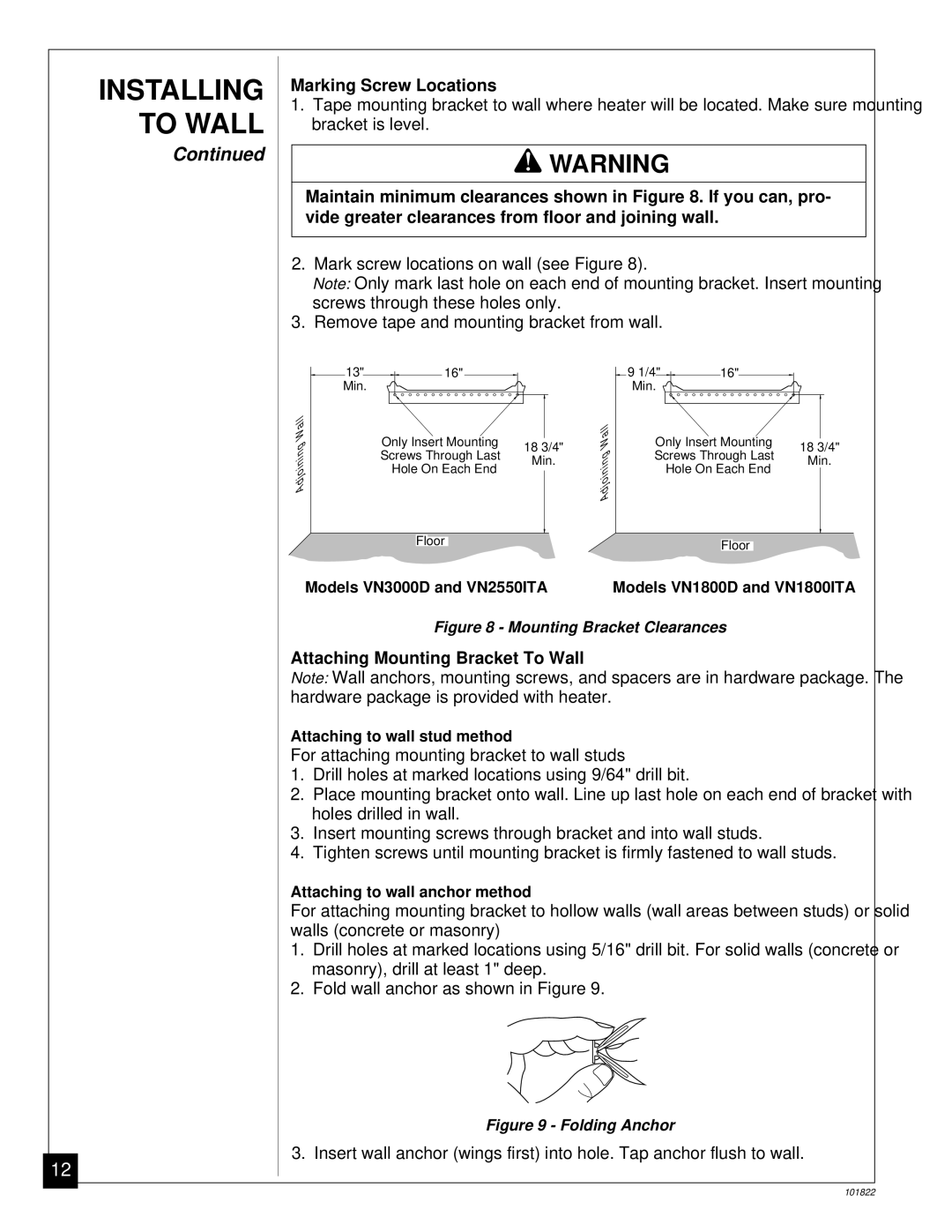 Desa VN1800ITA, VN1800D, VN2550ITA, VN3000D installation manual Marking Screw Locations, Attaching Mounting Bracket To Wall 