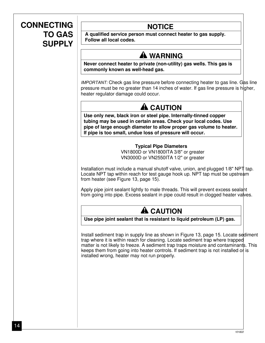 Desa VN2550ITA, VN1800ITA, VN1800D, VN3000D installation manual Connecting to GAS Supply 