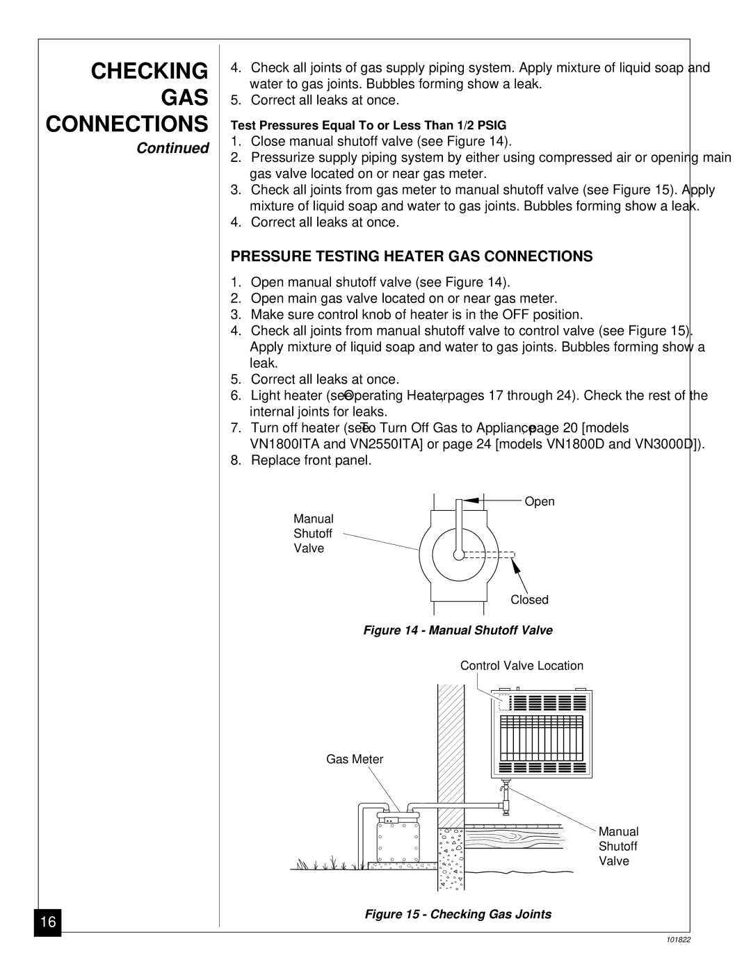 Desa VN1800ITA, VN1800D, VN2550ITA, VN3000D Checking GAS Connections, Pressure Testing Heater GAS Connections 