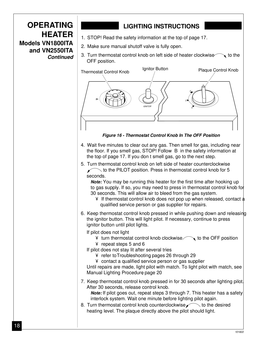 Desa VN2550ITA, VN1800ITA, VN1800D, VN3000D installation manual Operating Heater, Lighting Instructions 