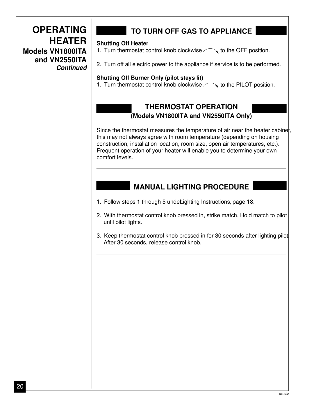 Desa VN1800ITA, VN1800D, VN2550ITA, VN3000D installation manual Shutting Off Heater, Shutting Off Burner Only pilot stays lit 