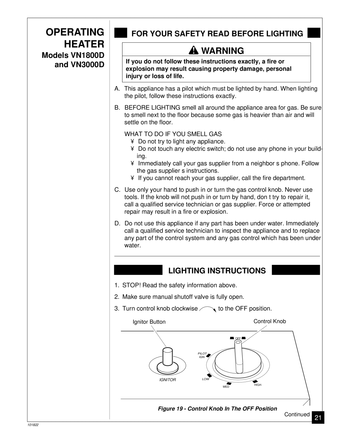 Desa VN1800D, VN1800ITA Operating, If you do not follow these instructions exactly, a fire or, Injury or loss of life 