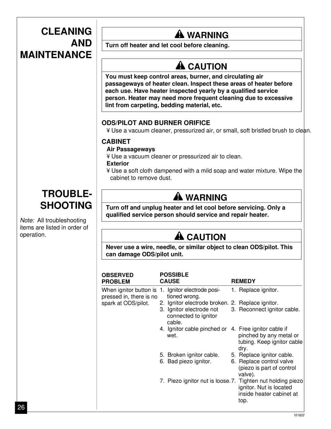 Desa VN2550ITA Cleaning and Maintenance Trouble Shooting, ODS/PILOT and Burner Orifice, Cabinet, Air Passageways, Exterior 