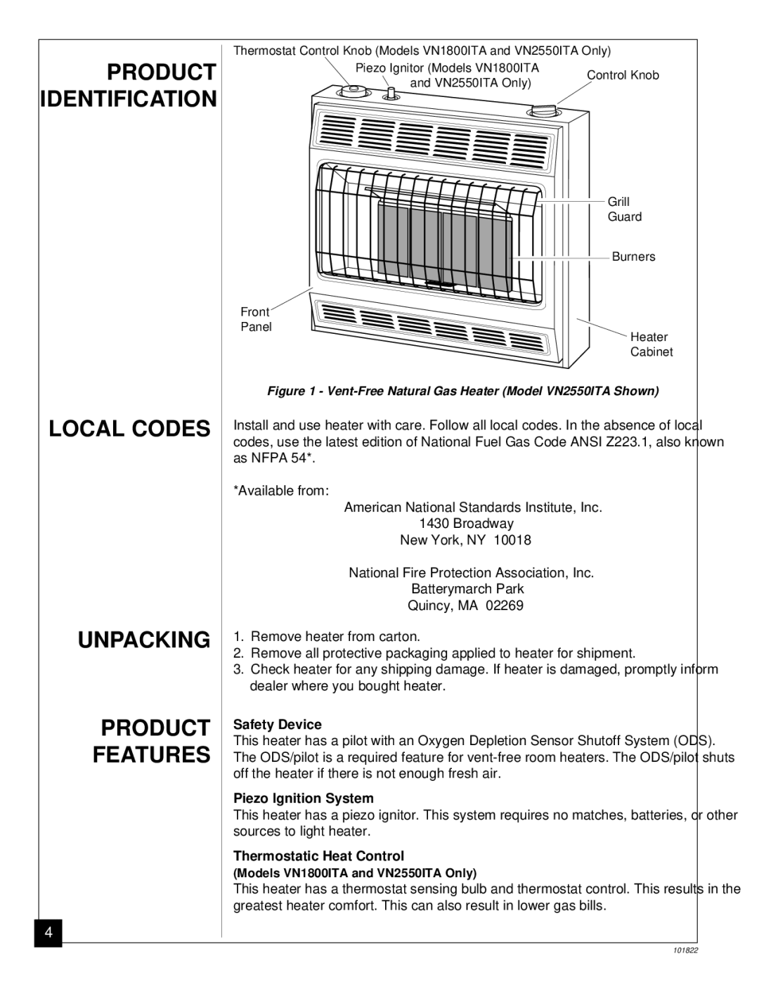 Desa VN1800ITA, VN1800D, VN2550ITA, VN3000D installation manual Identification, Local Codes Unpacking Product Features 