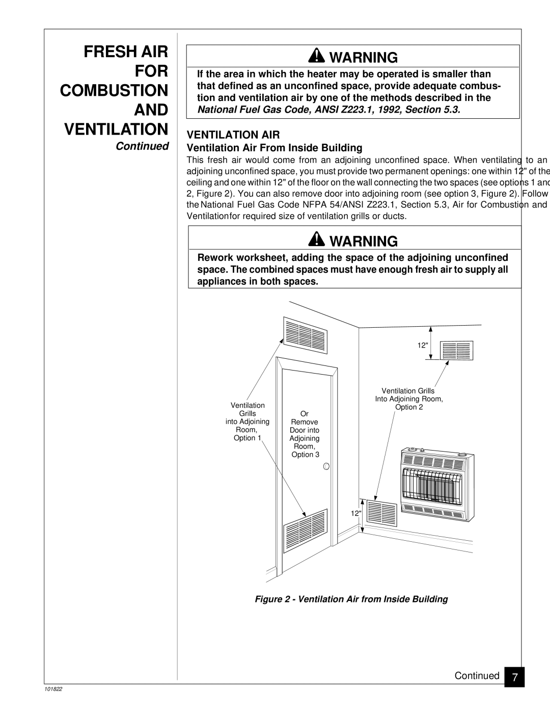 Desa VN3000D, VN1800ITA, VN1800D, VN2550ITA installation manual Ventilation AIR, Ventilation Air From Inside Building 