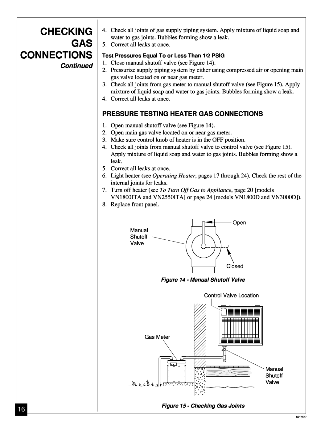 Desa VN1800ITA, VN1800D, VN2550ITA, VN3000D Checking Gas Connections, Continued, Pressure Testing Heater Gas Connections 