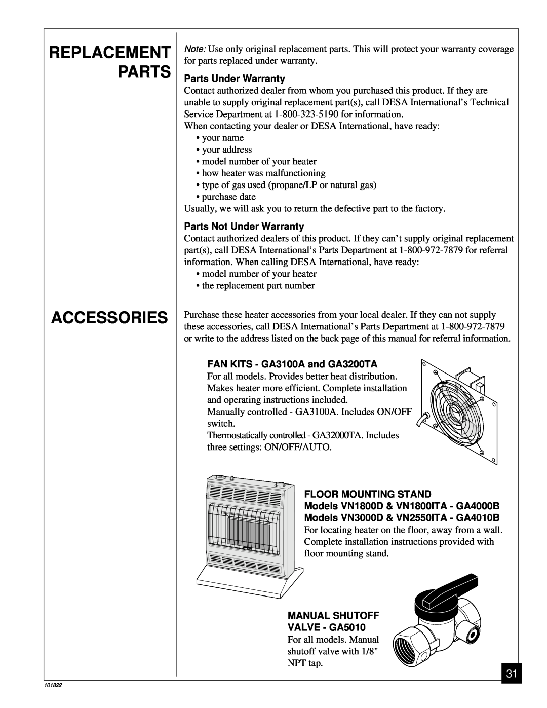 Desa VN3000D Replacement, Accessories, Parts Under Warranty, Parts Not Under Warranty, FAN KITS - GA3100A and GA3200TA 